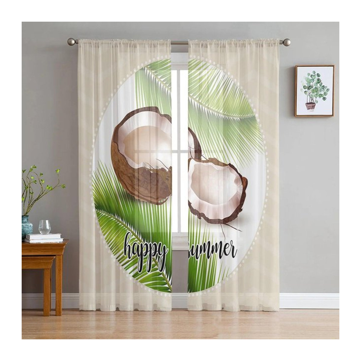 Transparente Tüllvorhänge mit Kokosnussblatt-Print von A Family Of Home Textiles in Weiß, B: 135 cm, H: 114 cm - Bild 1