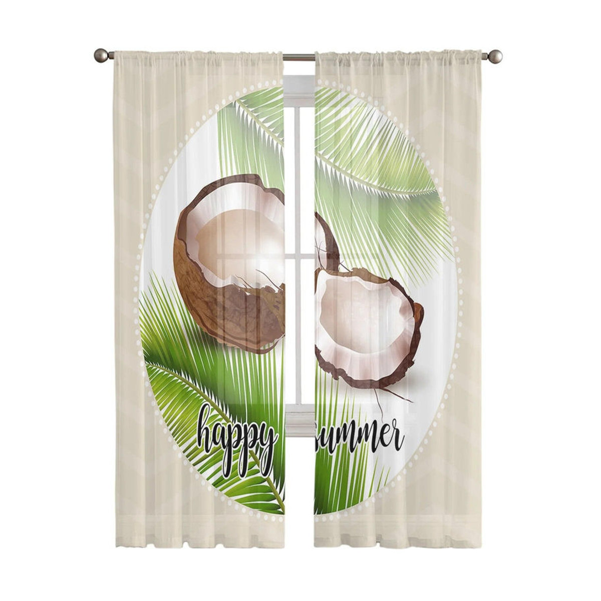 Transparente Tüllvorhänge mit Kokosnussblatt-Print von A Family Of Home Textiles in Weiß, B: 135 cm, H: 114 cm - Bild 2