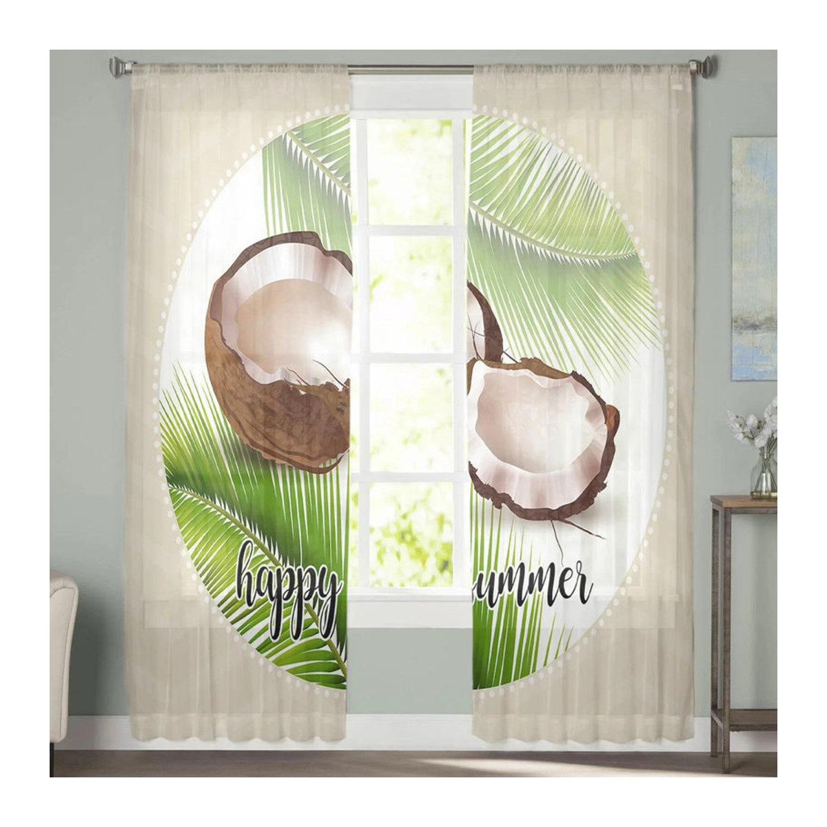 Transparente Tüllvorhänge mit Kokosnussblatt-Print von A Family Of Home Textiles in Weiß, B: 135 cm, H: 114 cm - Bild 3