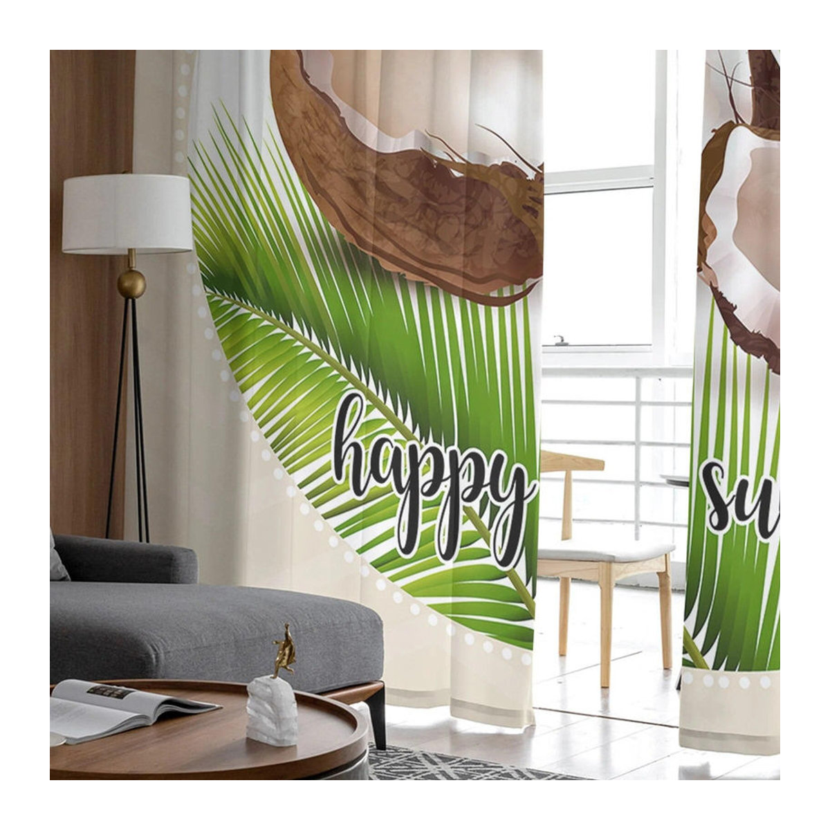 Transparente Tüllvorhänge mit Kokosnussblatt-Print von A Family Of Home Textiles in Weiß, B: 135 cm, H: 114 cm - Bild 4