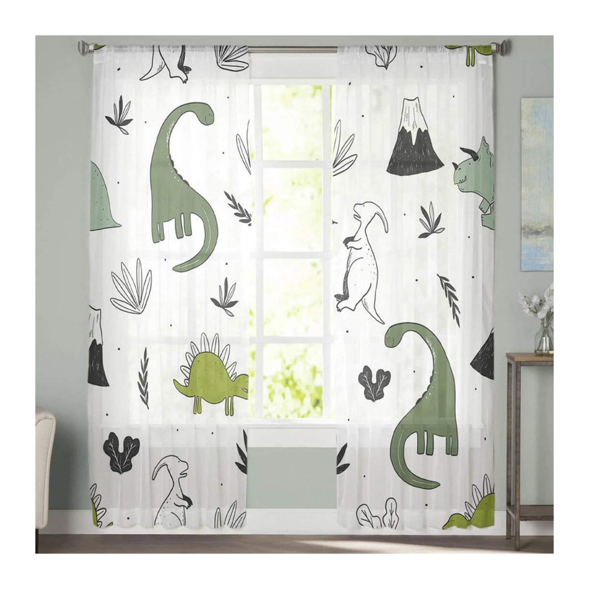 Transparente Voile-Fenstervorhänge mit Dinosaurier- und Pflanzen-Motiv von A Family Of Home Textiles in Tiergrün und Weiß, Breite: 135 cm, Höhe: 183 cm - Bild 2
