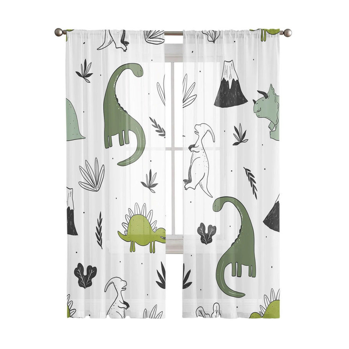 Transparente Voile-Fenstervorhänge mit Dinosaurier- und Pflanzen-Motiv von A Family Of Home Textiles in Tiergrün und Weiß, Breite: 135 cm, Höhe: 183 cm - Bild 3