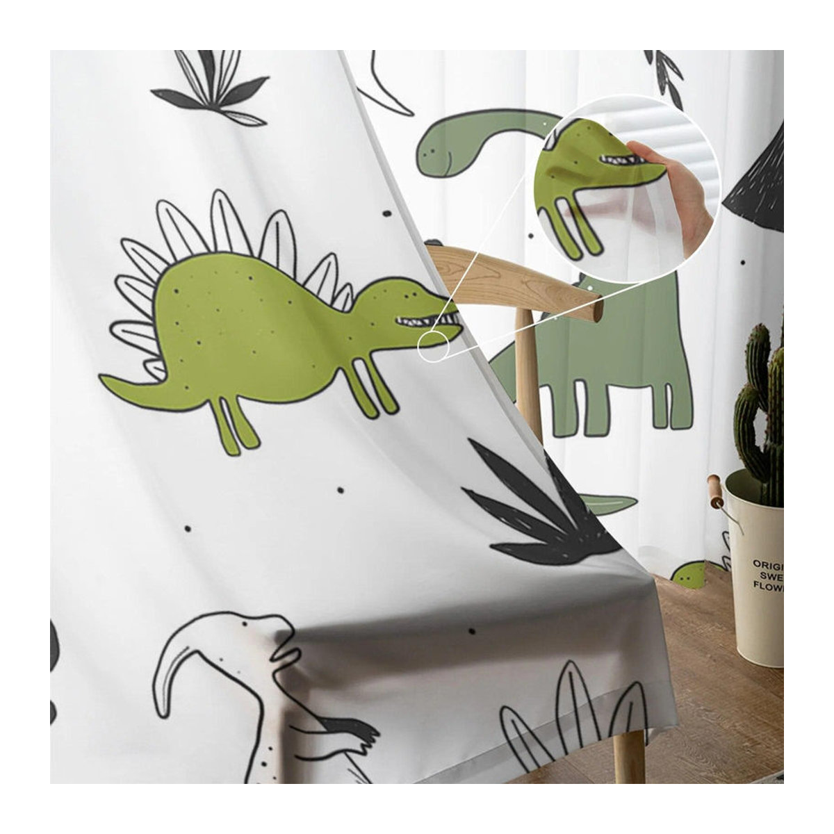 Transparente Voile-Fenstervorhänge mit Dinosaurier- und Pflanzen-Motiv von A Family Of Home Textiles in Tiergrün und Weiß, Breite: 135 cm, Höhe: 183 cm - Bild 4