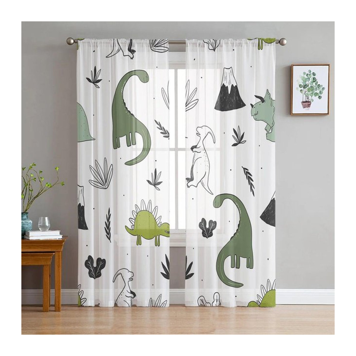 Transparente Voile-Fenstervorhänge mit Dinosaurier- und Pflanzenmotiv von A Family Of Home Textiles in Grün und Weiß, Breite: 135 cm, Höhe: 114 cm - Bild 1
