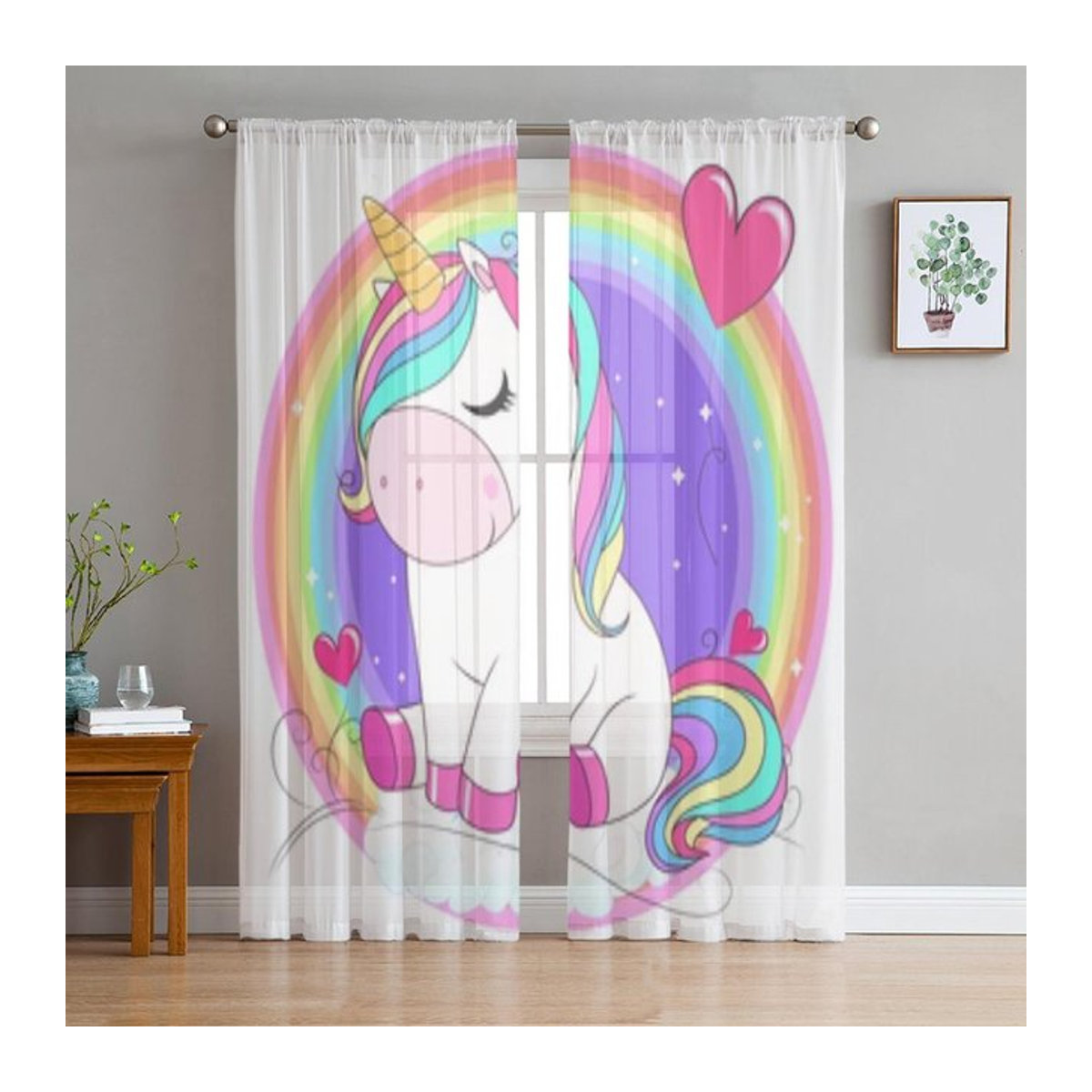Transparente Voile-Tüll-Vorhänge mit Einhorn und Regenbogen von A Family Of Home Textiles, mehrfarbig, B: 135 cm, H: 114 cm - Bild 1