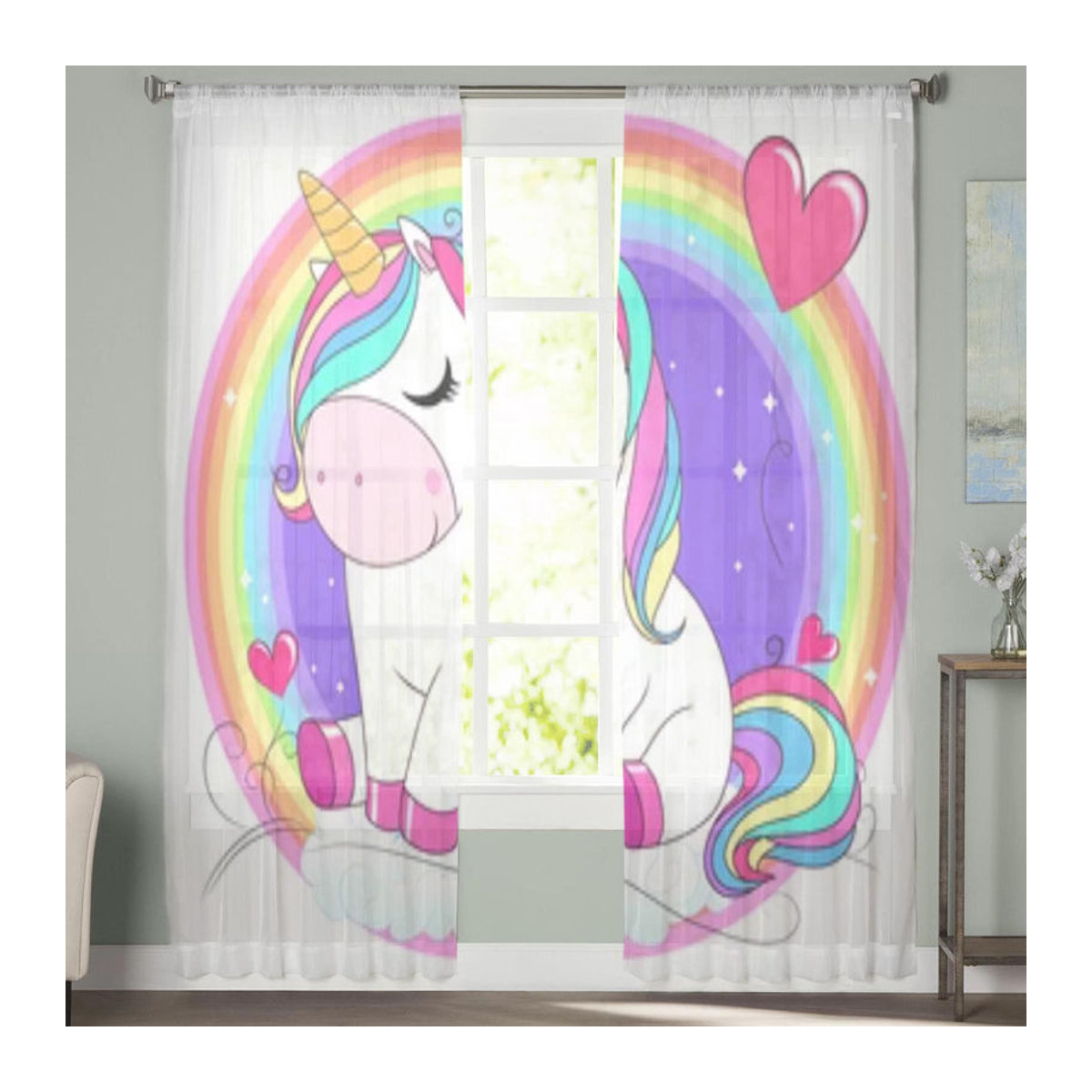 Transparente Voile-Tüll-Vorhänge mit Einhorn und Regenbogen von A Family Of Home Textiles, mehrfarbig, B: 135 cm, H: 114 cm - Bild 2