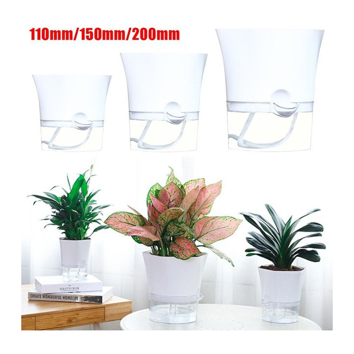 Transparenter Doppelwandiger Plastik Blumentopf mit Selbstbewässerungssystem und Baumwollseil - Bild 1