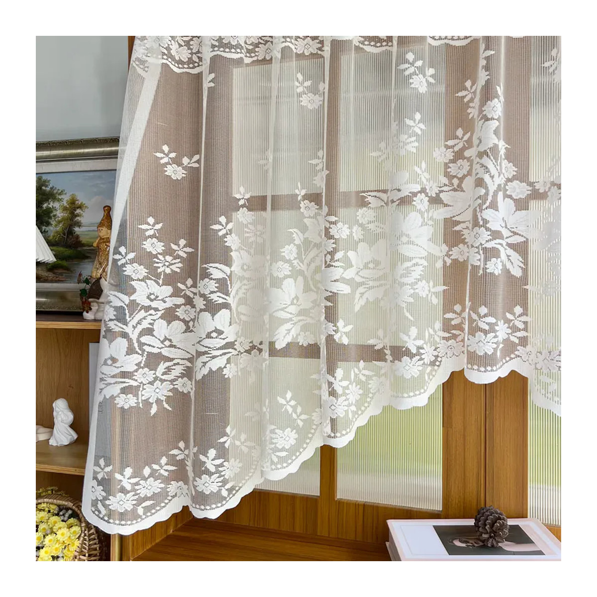 Transparenter Dreiecksvorhang mit weißer Blume von NewWPKIRA im französischen Landhaus-Stil für die Küche und kleine Fenster - Bild 3