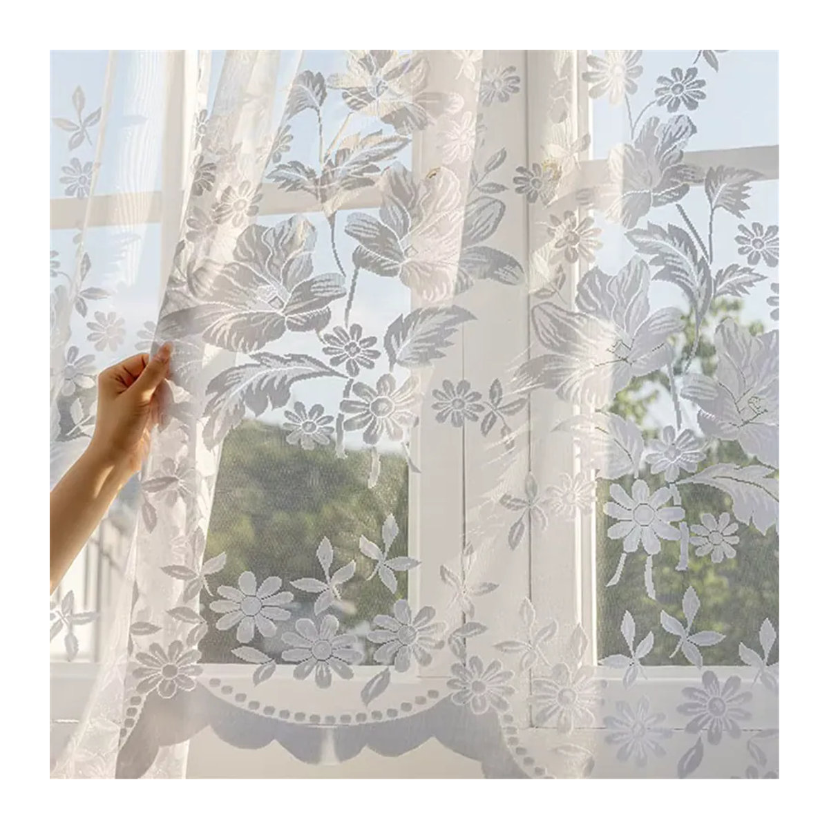 Transparenter Dreiecksvorhang mit weißer Blume von NewWPKIRA im französischen Landhaus-Stil für die Küche und kleine Fenster - Bild 4