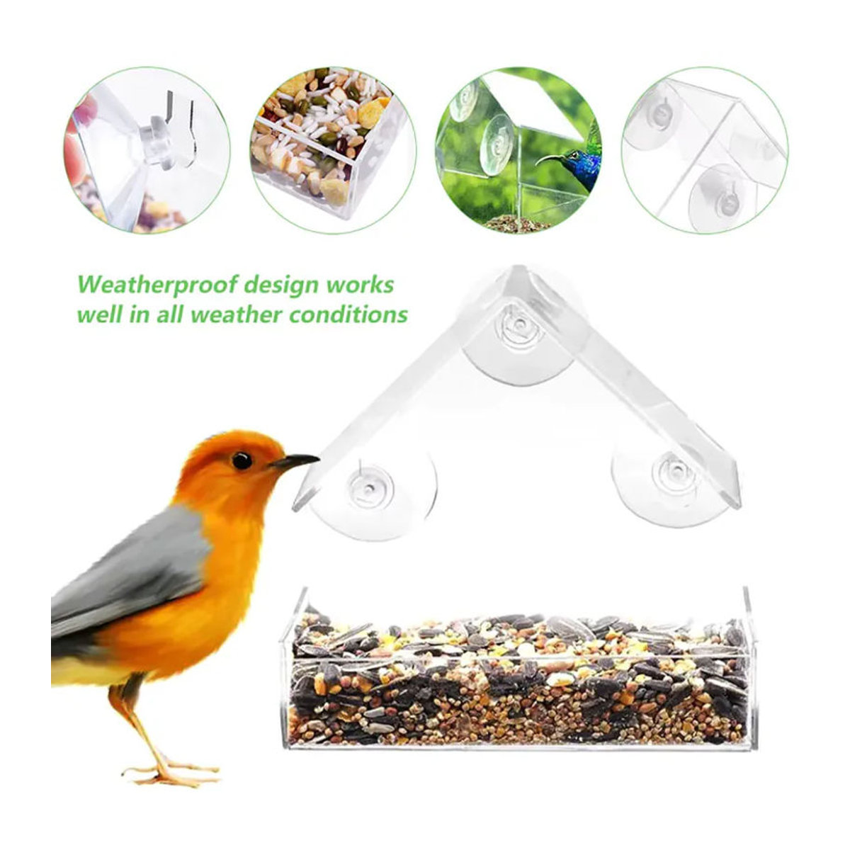 Transparenter Fenster-Vogelfutterspender aus Acryl mit starken Saugnäpfen und abnehmbarer Samenablage für deinen Garten - Bild 2