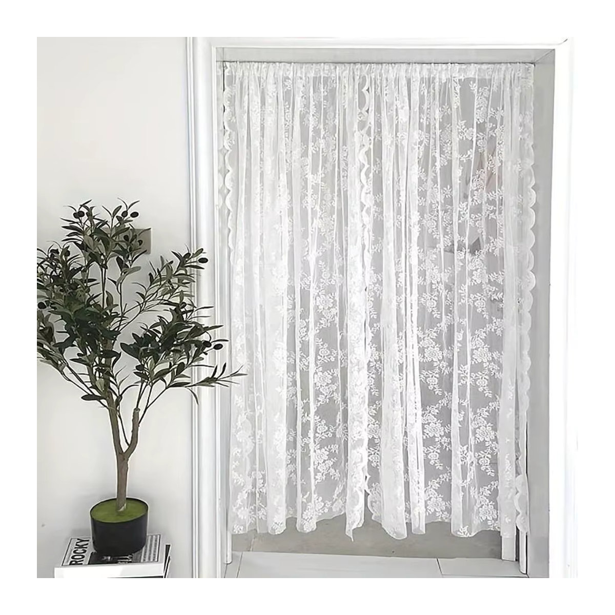 Transparenter Fenstervorhang mit floraler Spitze in Weiß, B: 150 cm, H: 200 cm - Bild 5