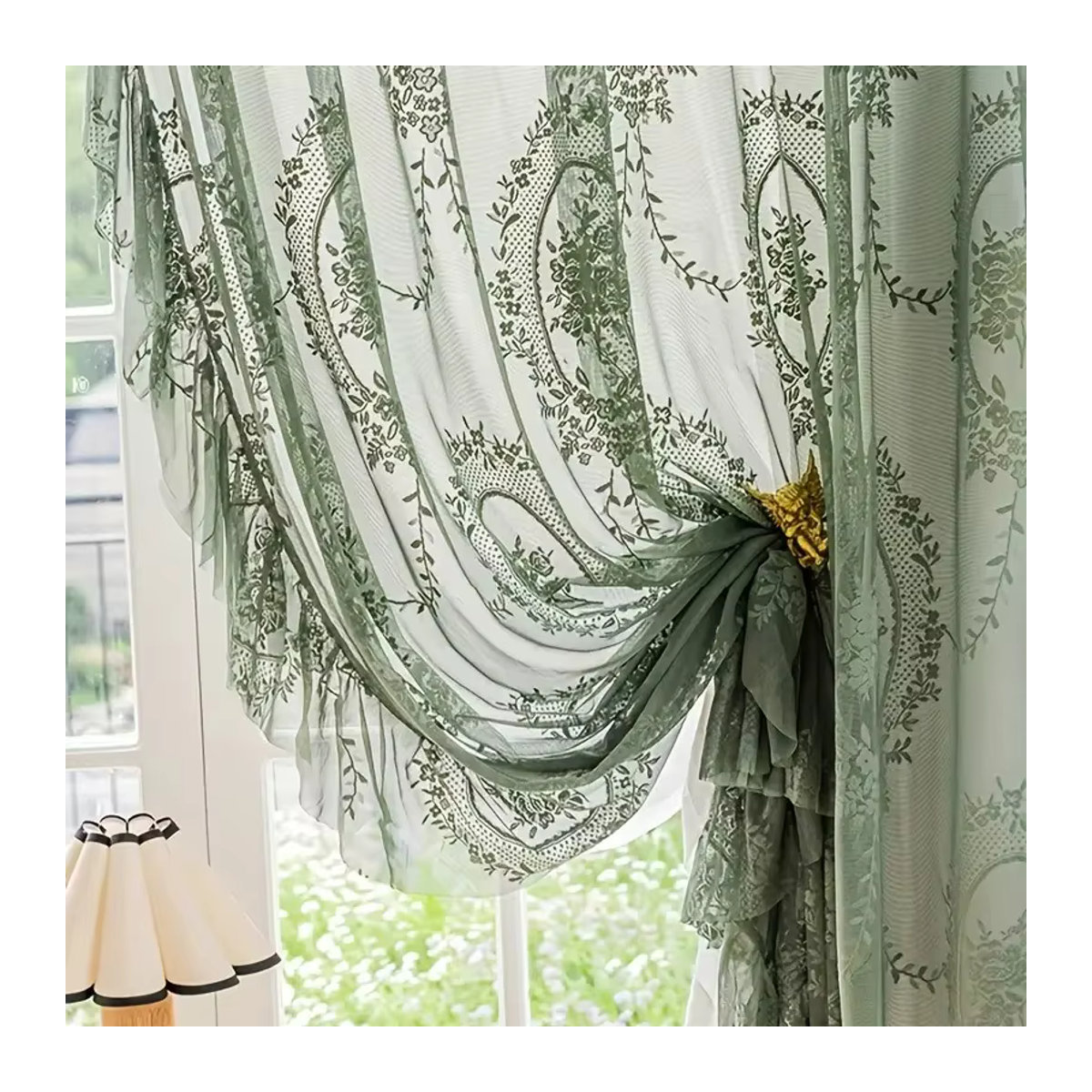 Transparenter Jacquard-Tüll-Vorhang mit Rüschen und Blumenmuster in Grün für dein Wohnzimmer - Bild 2