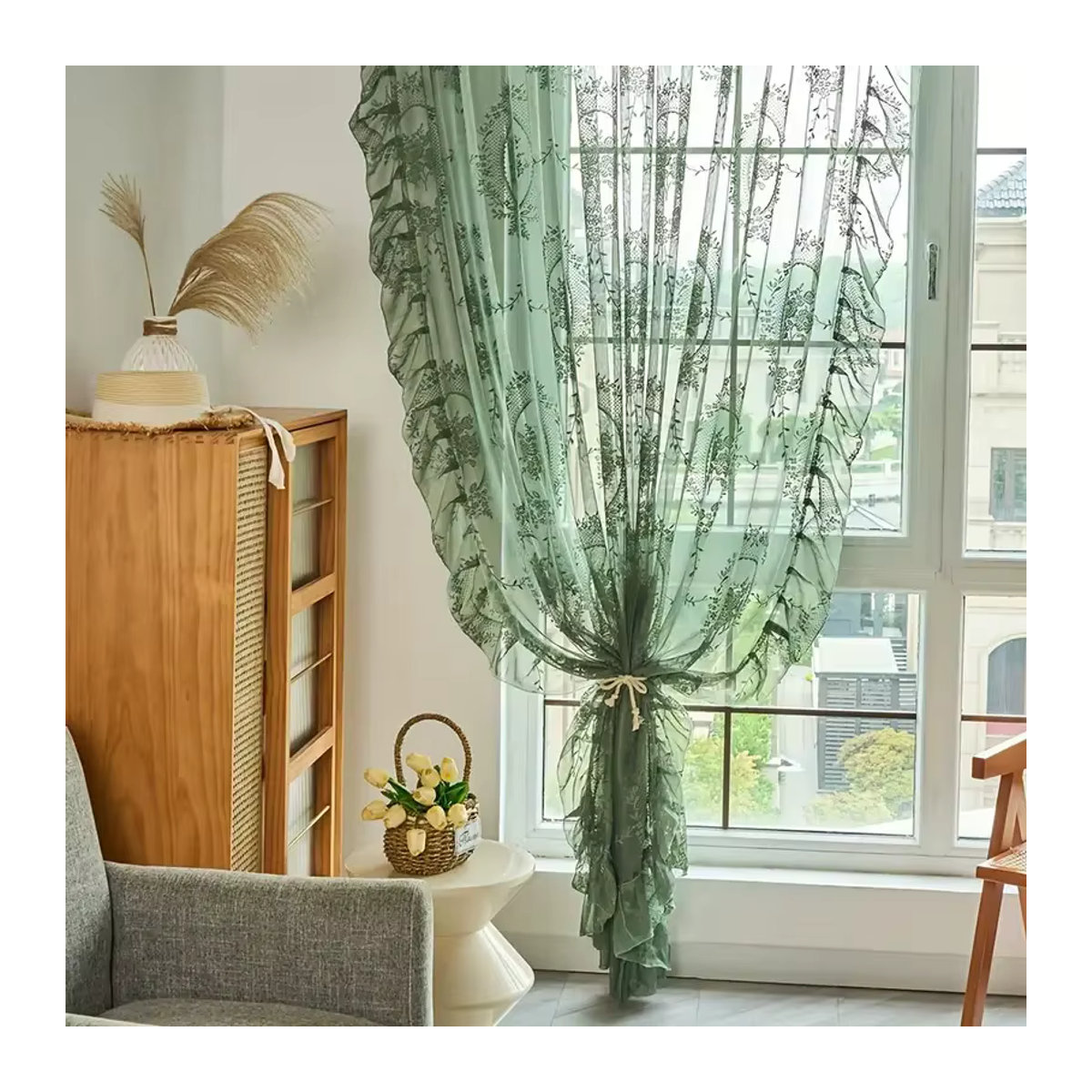 Transparenter Jacquard-Tüll-Vorhang mit Rüschen und Blumenmuster in Grün für dein Wohnzimmer - Bild 3