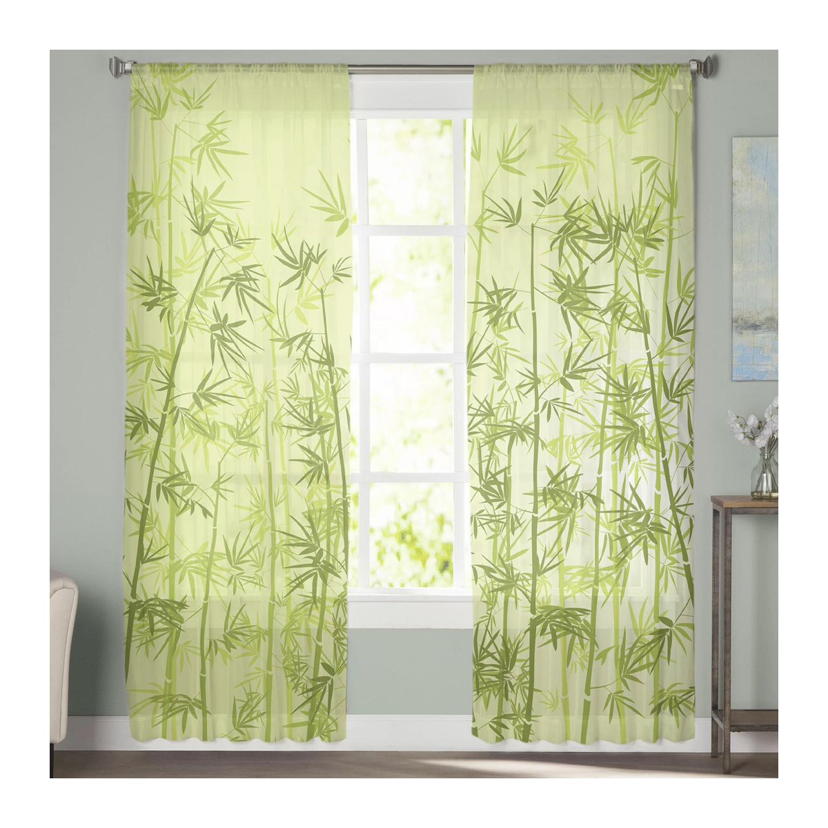 Transparenter Tüll-Vorhang von A Family Of Home Textiles mit grünem Bambusblatt-Design für Wohnzimmer, Schlafzimmer und Küche, H: 160 cm, B: 135 cm - Bild 3