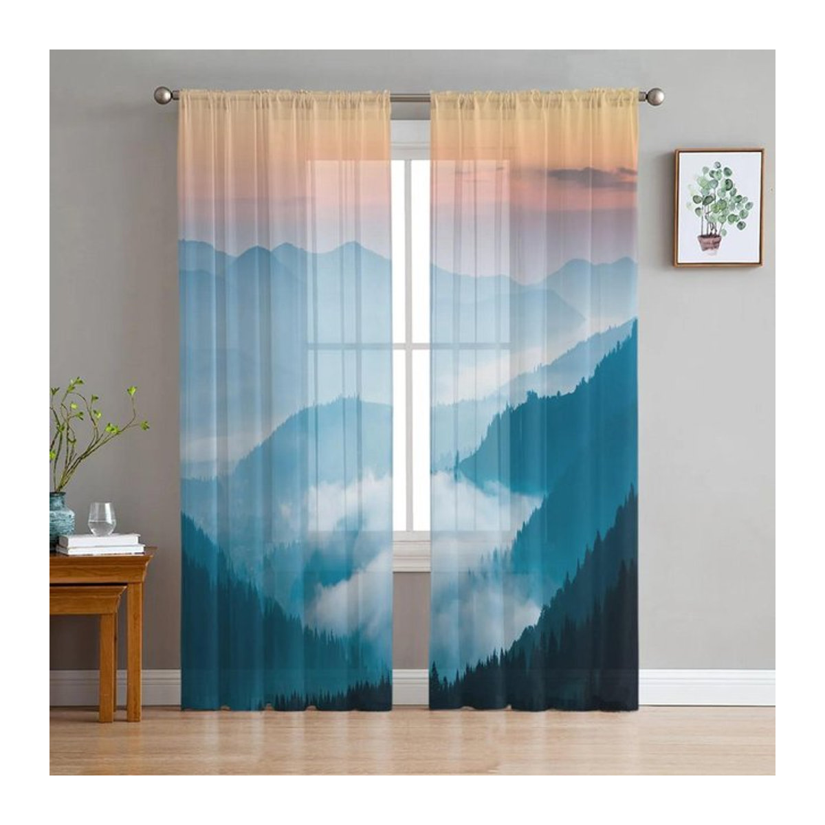 Transparenter Tüllvorhang von A Family Of Home Textiles mit Berg, Fluss, Wolken und Wald Motiv in Blau, Breite: 135 cm, Höhe: 114 cm - Bild 1