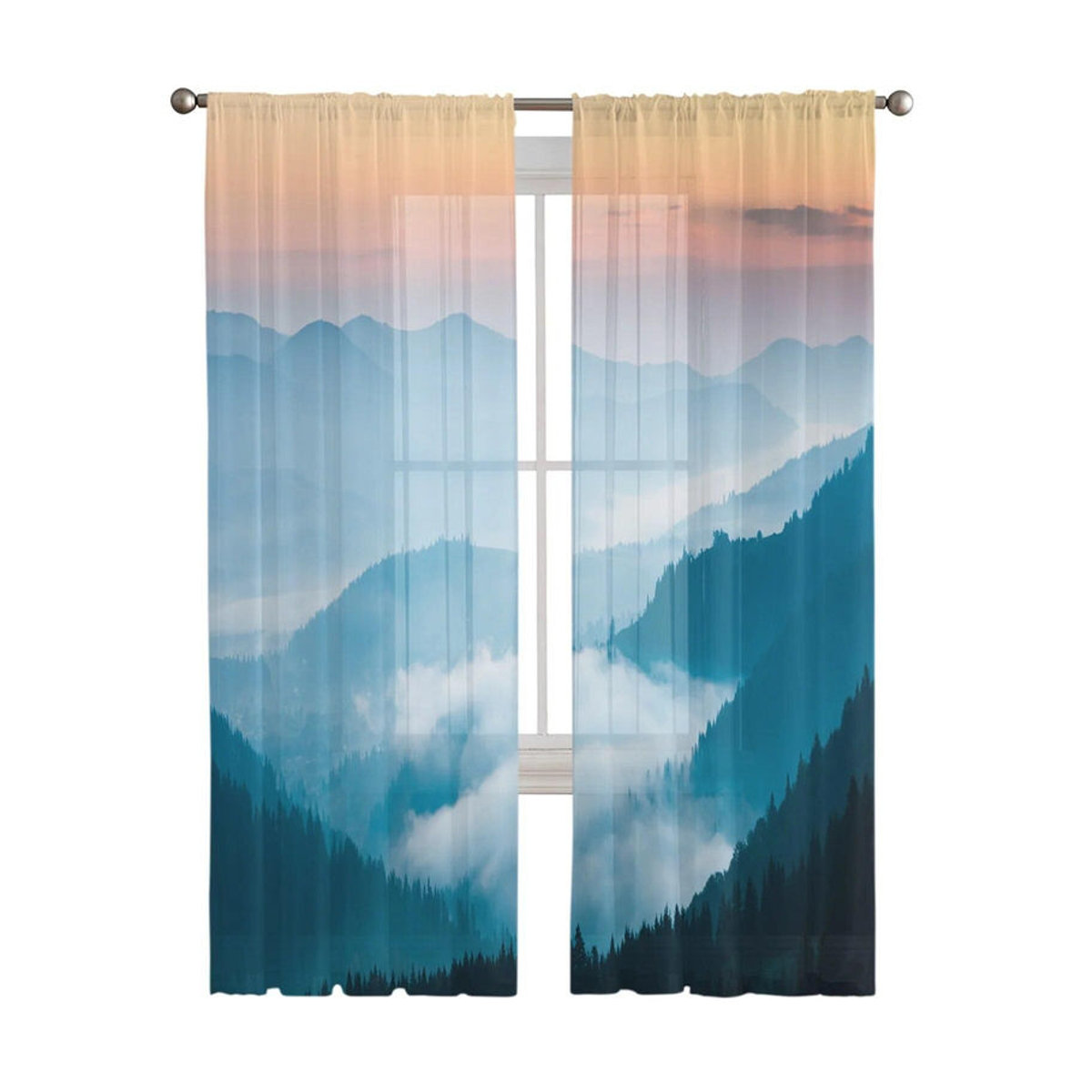 Transparenter Tüllvorhang von A Family Of Home Textiles mit Berg, Fluss, Wolken und Wald Motiv in Blau, Breite: 135 cm, Höhe: 114 cm - Bild 2