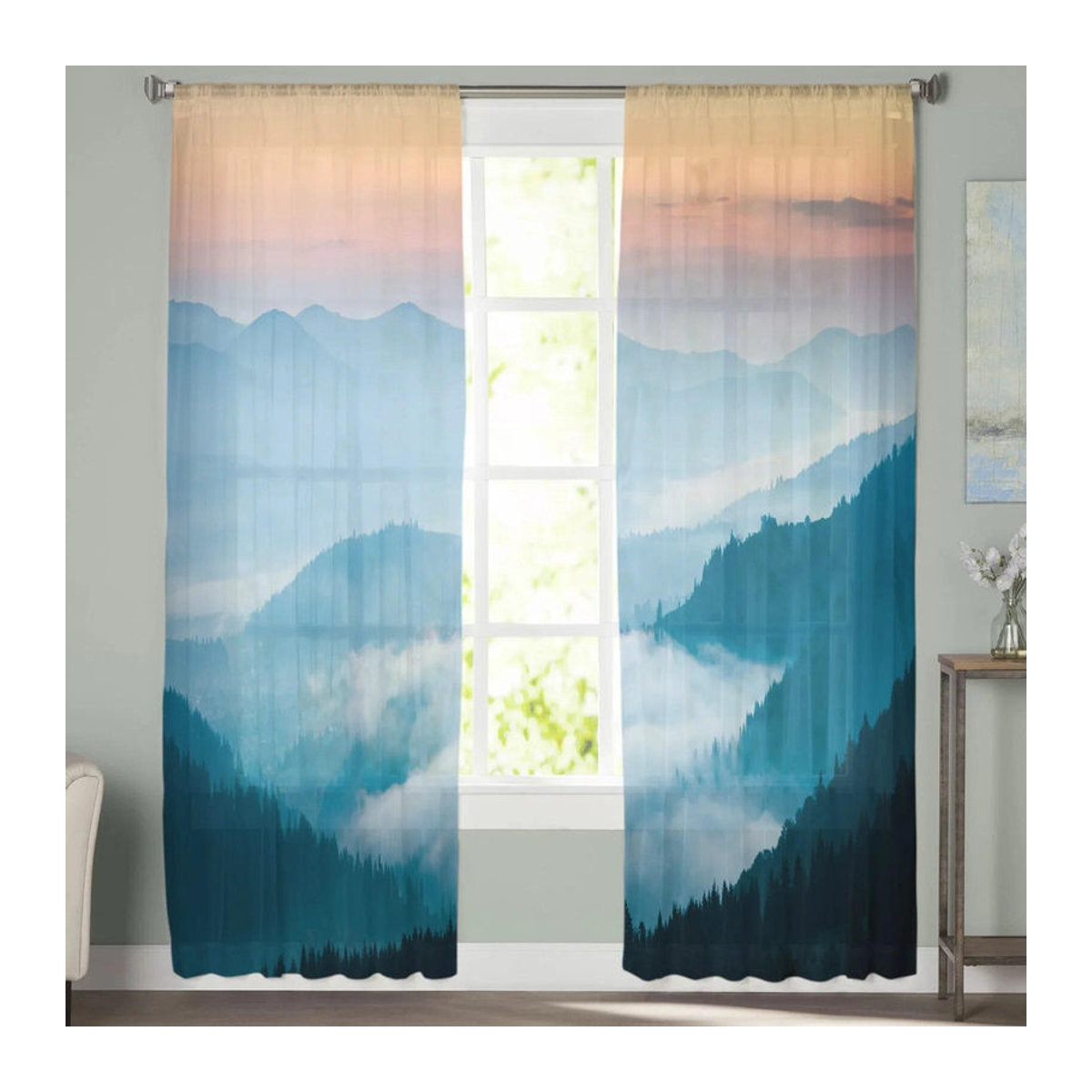 Transparenter Tüllvorhang von A Family Of Home Textiles mit Berg, Fluss, Wolken und Wald Motiv in Blau, Breite: 135 cm, Höhe: 114 cm - Bild 3