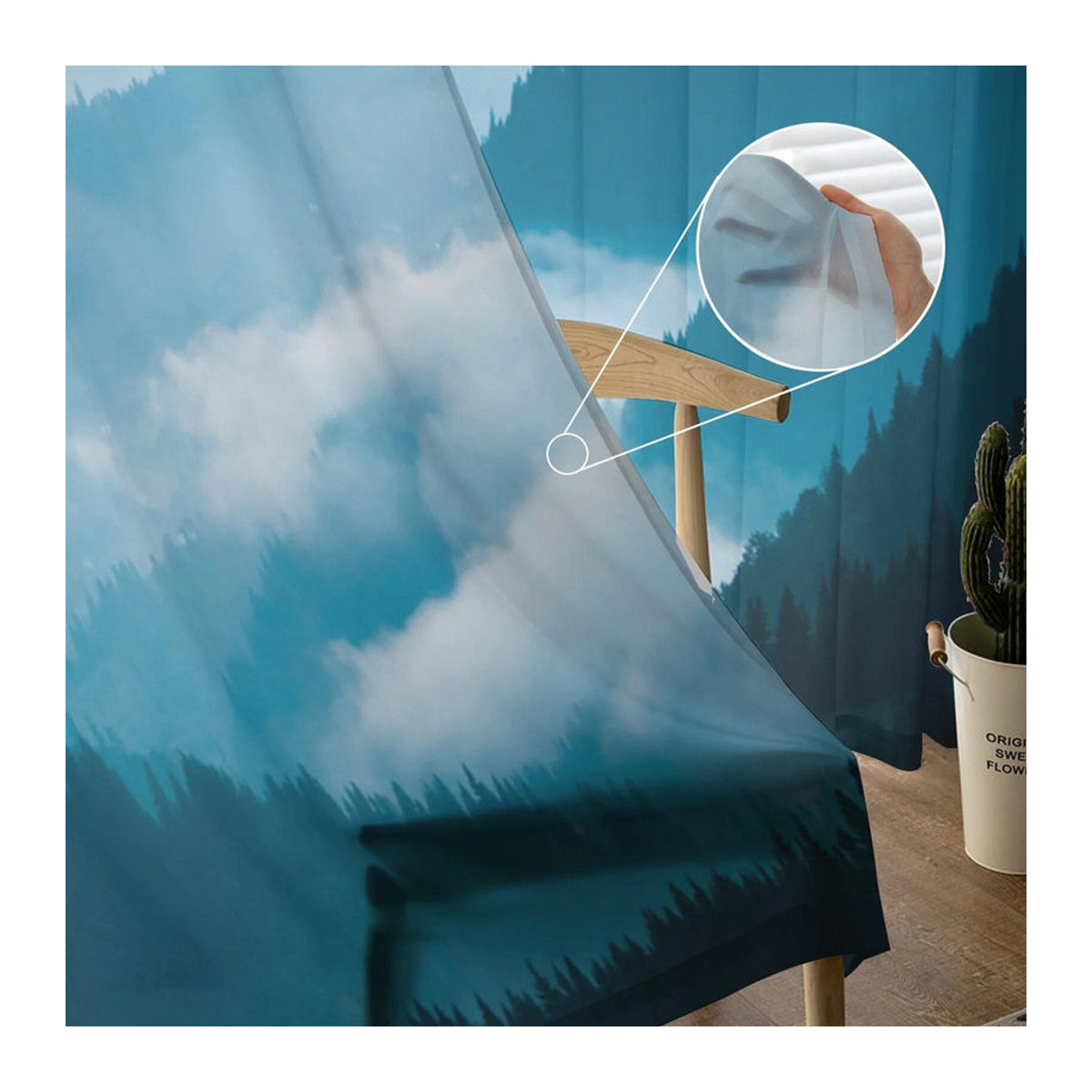 Transparenter Tüllvorhang von A Family Of Home Textiles mit Berg, Fluss, Wolken und Wald Motiv in Blau, Breite: 135 cm, Höhe: 114 cm - Bild 4