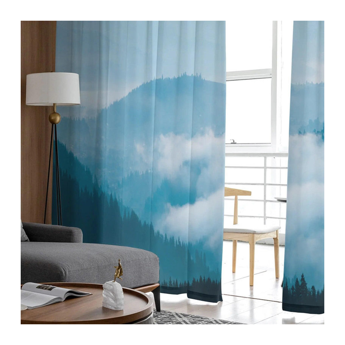 Transparenter Tüllvorhang von A Family Of Home Textiles mit Berg, Fluss, Wolken und Wald Motiv in Blau, Breite: 135 cm, Höhe: 114 cm - Bild 5