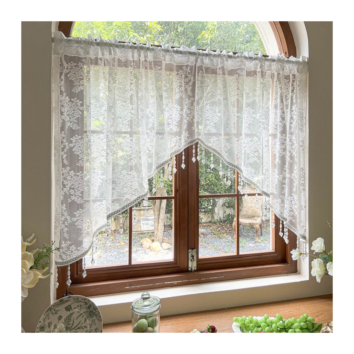 Transparenter Vorhang von Black Ant mit weißer Blumenspitze und Vintage-Perlen in Rosa und Weiß für Esszimmer, Küche und Eingangsbereich - Bild 1