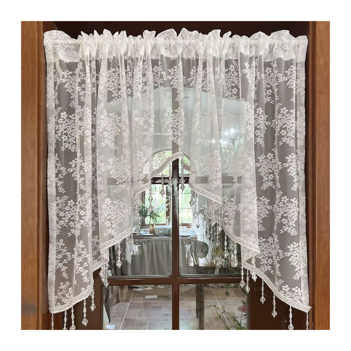 Transparenter Vorhang von Black Ant mit weißer Blumenspitze und Vintage-Perlen in Rosa und Weiß für Esszimmer, Küche und Eingangsbereich - Bild 2