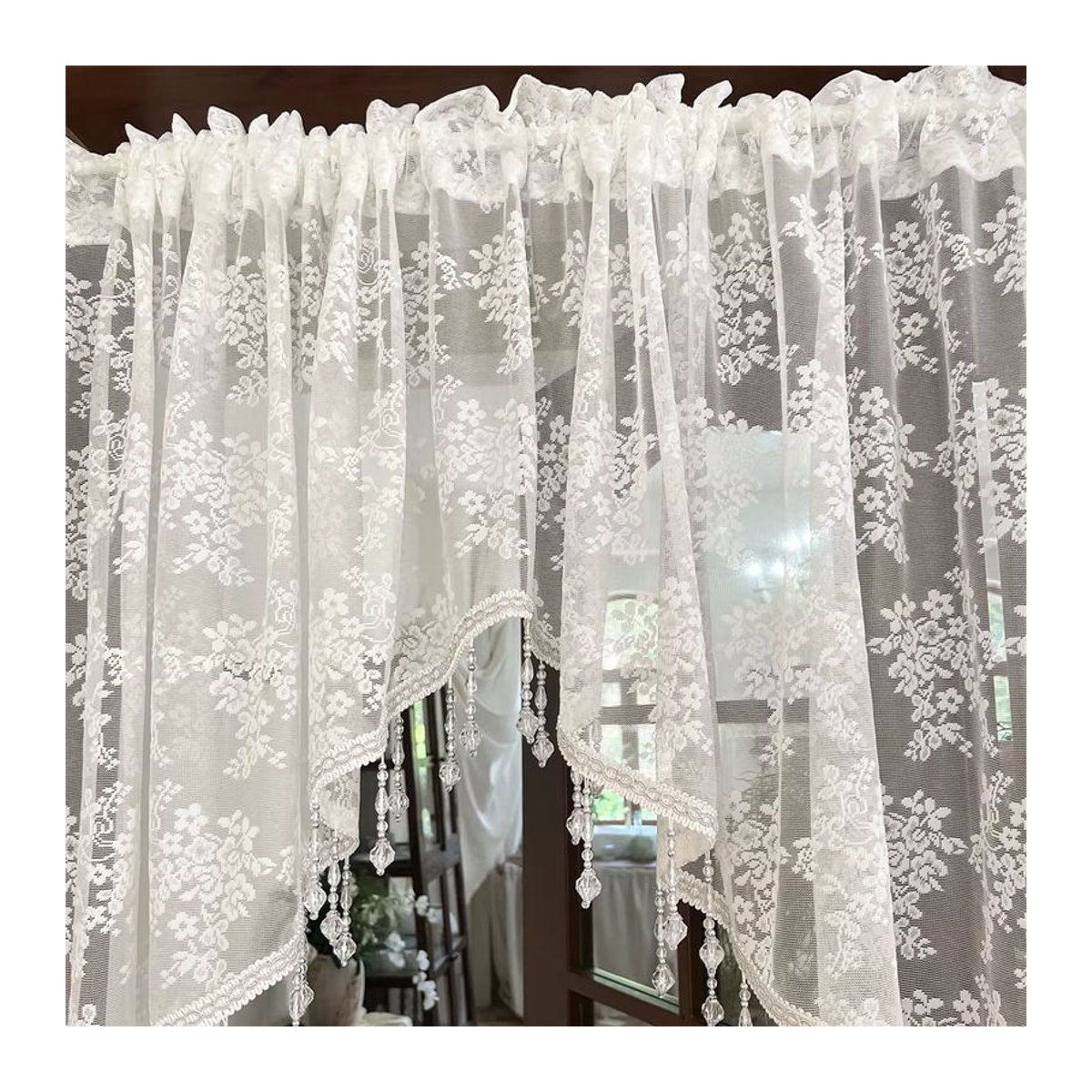 Transparenter Vorhang von Black Ant mit weißer Blumenspitze und Vintage-Perlen in Rosa und Weiß für Esszimmer, Küche und Eingangsbereich - Bild 4