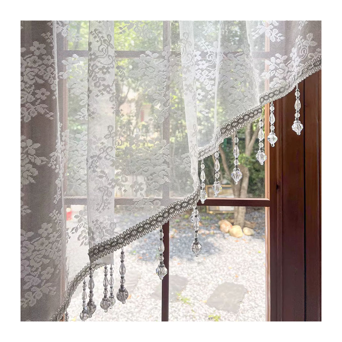 Transparenter Vorhang von Black Ant mit weißer Blumenspitze und Vintage-Perlen in Rosa und Weiß für Esszimmer, Küche und Eingangsbereich - Bild 5