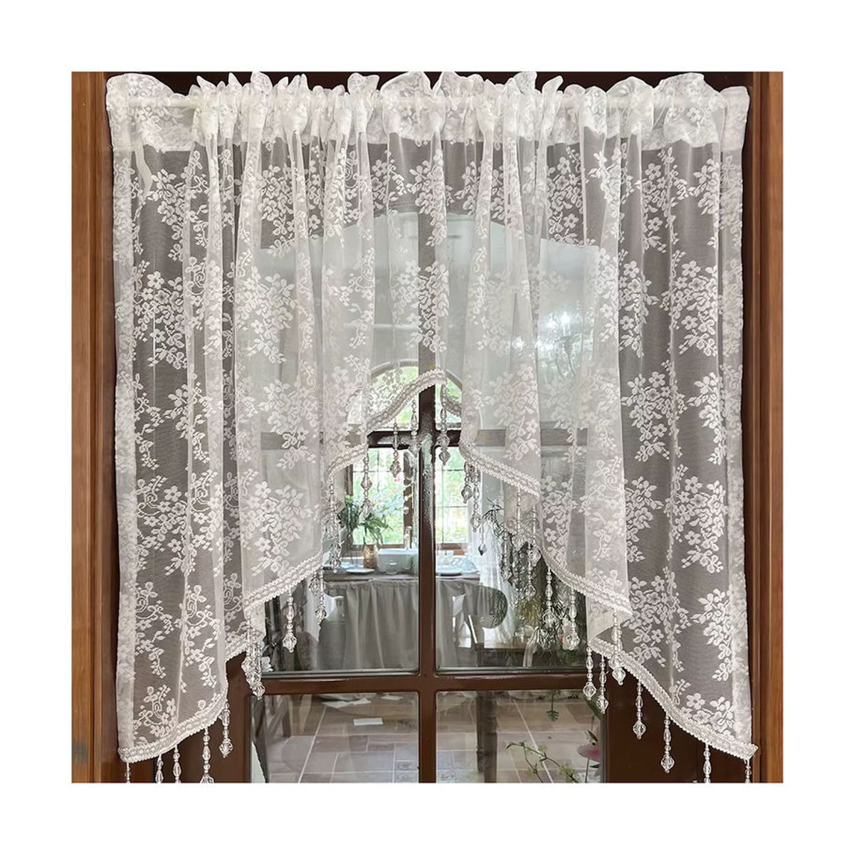Transparenter Vorhang von Black Ant mit weißer Blumenspitze und Vintage-Perlen in Rosa und Weiß für Esszimmer, Küche und Eingangsbereich - Bild 6