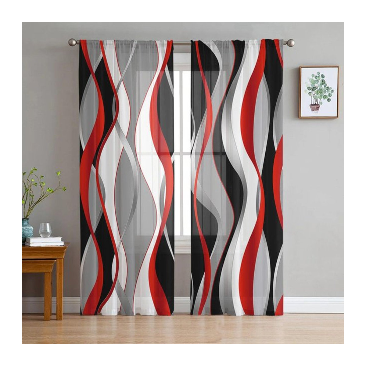 Transparentes Voile-Tüll Vorhang von A Family Of Home Textiles mit 3D abstrakten Linien und Farbverlauf in Rot/Mehrfarbig, B: 135 cm, H: 114 cm - Bild 1