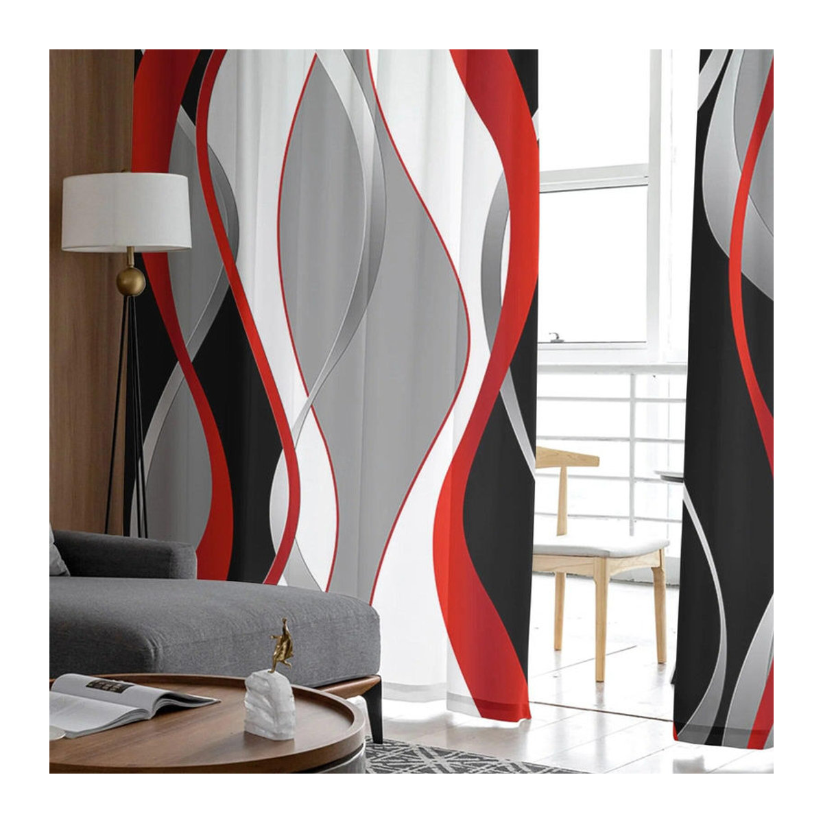 Transparentes Voile-Tüll Vorhang von A Family Of Home Textiles mit 3D abstrakten Linien und Farbverlauf in Rot/Mehrfarbig, B: 135 cm, H: 114 cm - Bild 2