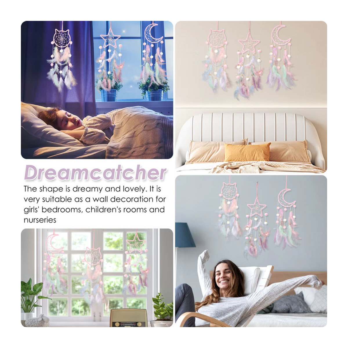 Traumfänger Wanddekoration in Rosa und Mehrfarbig mit Federn, Sternen und Mond im Bohemian-Stil für Kinderzimmer - Bild 2