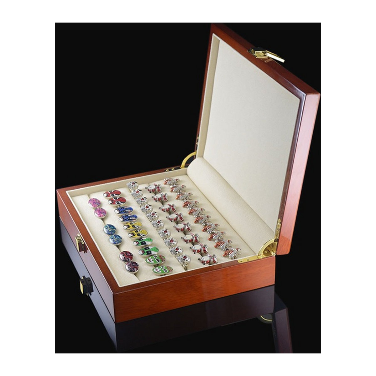 TREACHI Deluxe Schmuck-Aufbewahrungsbox aus braunem Klavierlack-Holz für Manschettenknöpfe, Ringe und Ohrstecker, B/T/H: 24 x 5,5 x 18 cm - Bild 1