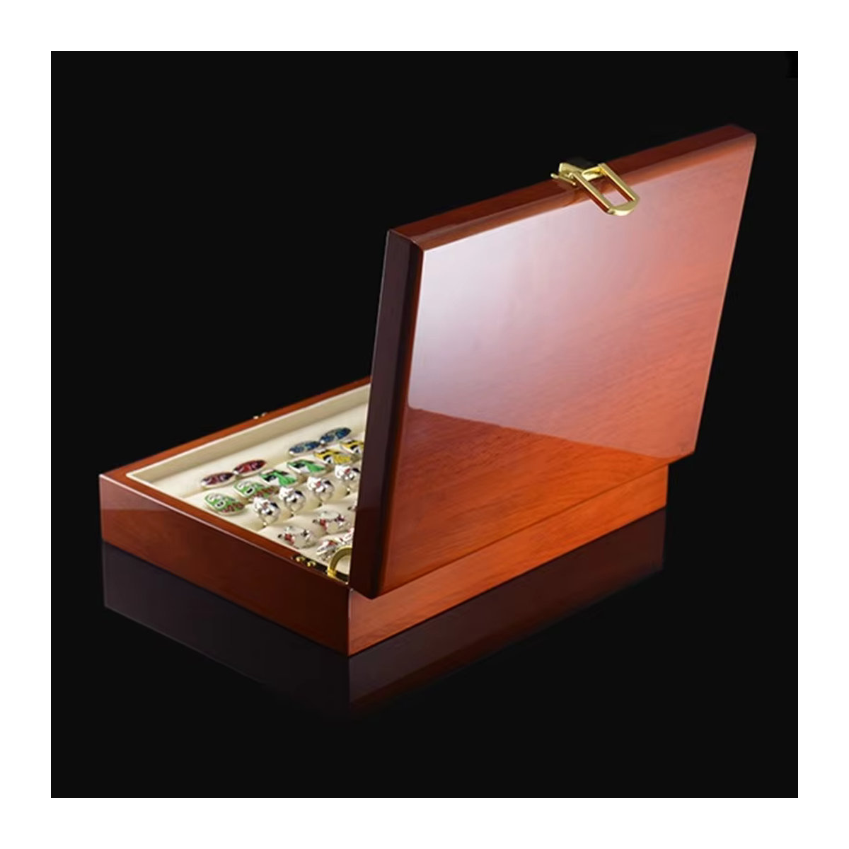 TREACHI Deluxe Schmuck-Aufbewahrungsbox aus braunem Klavierlack-Holz für Manschettenknöpfe, Ringe und Ohrstecker, B/T/H: 24 x 5,5 x 18 cm - Bild 2