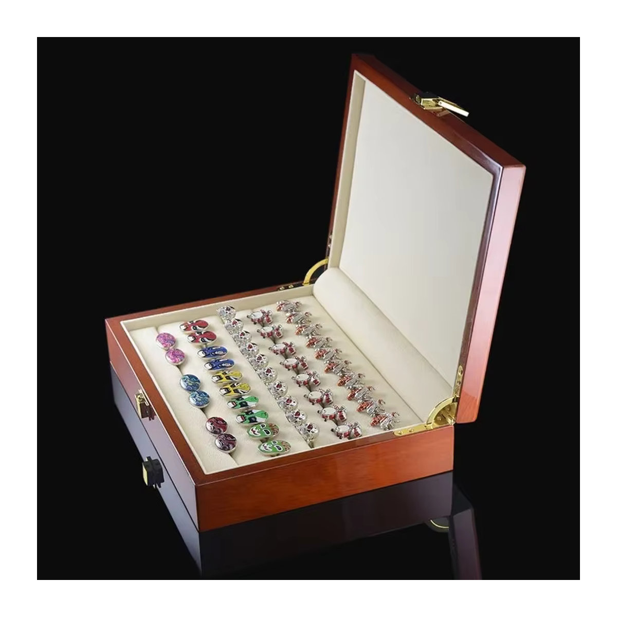 TREACHI Deluxe Schmuck-Aufbewahrungsbox aus braunem Klavierlack-Holz für Manschettenknöpfe, Ringe und Ohrstecker, B/T/H: 24 x 5,5 x 18 cm - Bild 6
