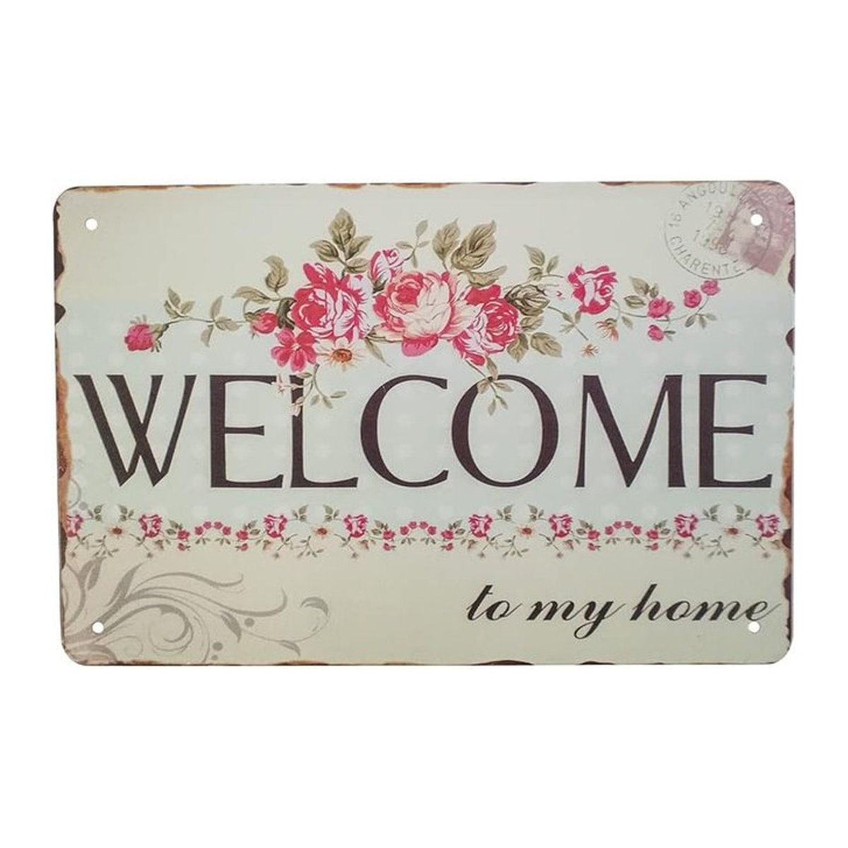Treasure Gurus Vintage-Blech Wandschild Welcome to My Home mit floralem Design in Silber und Weiß - Bild 1