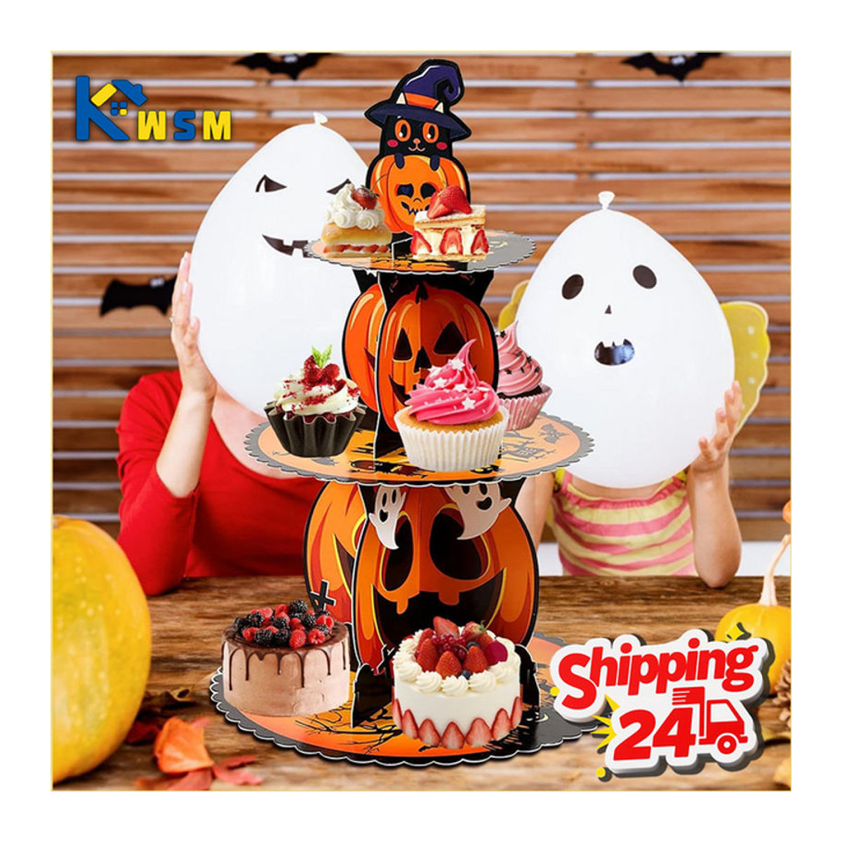 Trebalena Halloween-Kuchenständer aus Papier in Orange als runder Kürbis-Cupcake-Halter für Geburtstag und Party-Dekoration - Bild 1