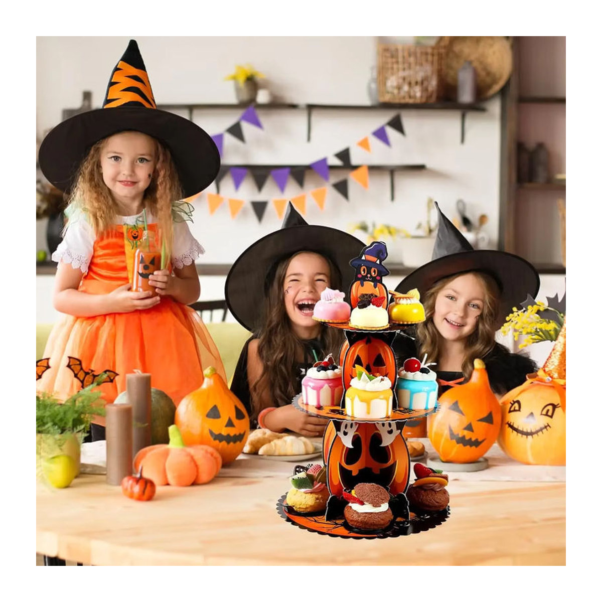 Trebalena Halloween-Kuchenständer aus Papier in Orange als runder Kürbis-Cupcake-Halter für Geburtstag und Party-Dekoration - Bild 2