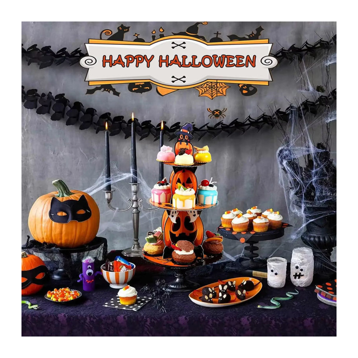 Trebalena Halloween-Kuchenständer aus Papier in Orange als runder Kürbis-Cupcake-Halter für Geburtstag und Party-Dekoration - Bild 4