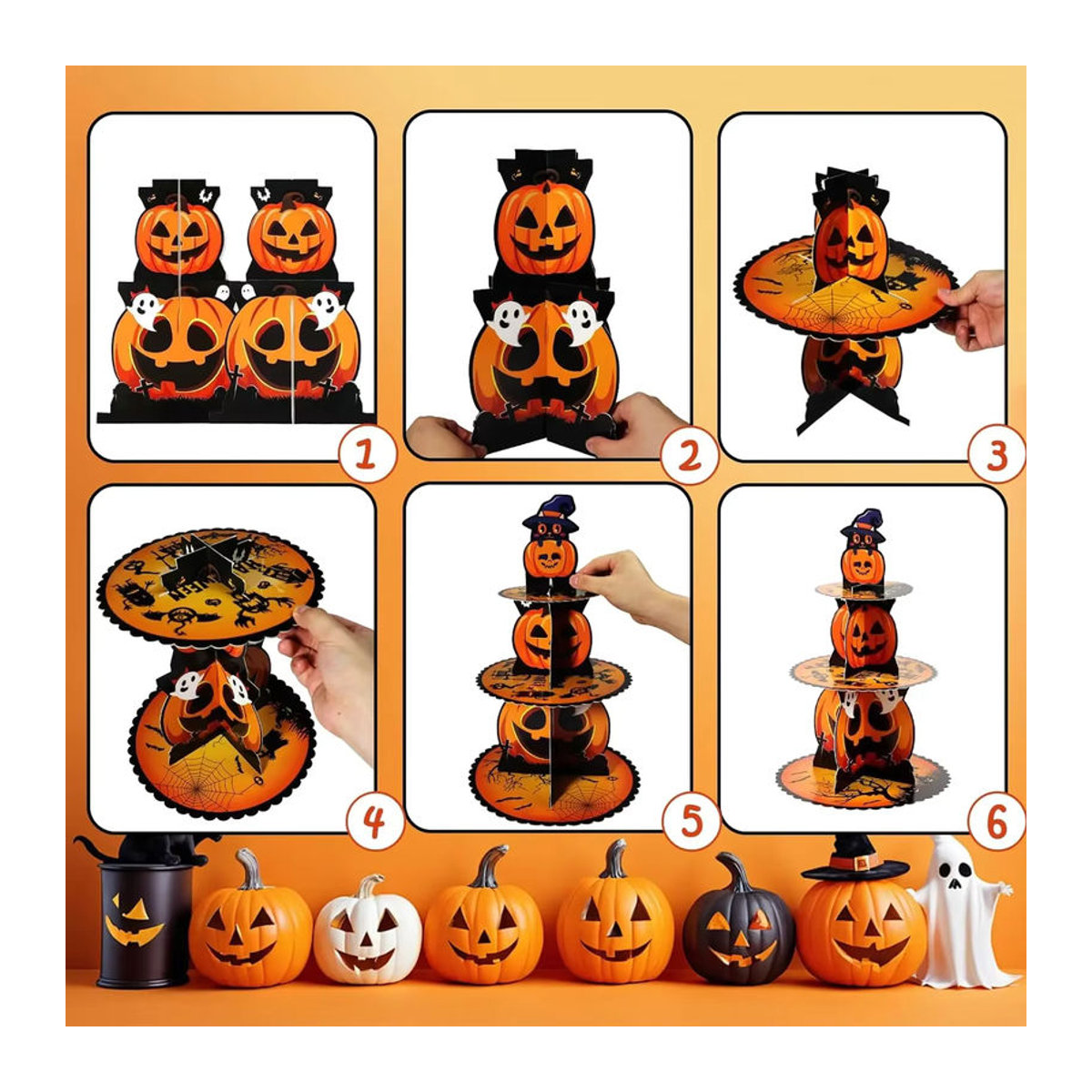 Trebalena Halloween-Kuchenständer aus Papier in Orange als runder Kürbis-Cupcake-Halter für Geburtstag und Party-Dekoration - Bild 5
