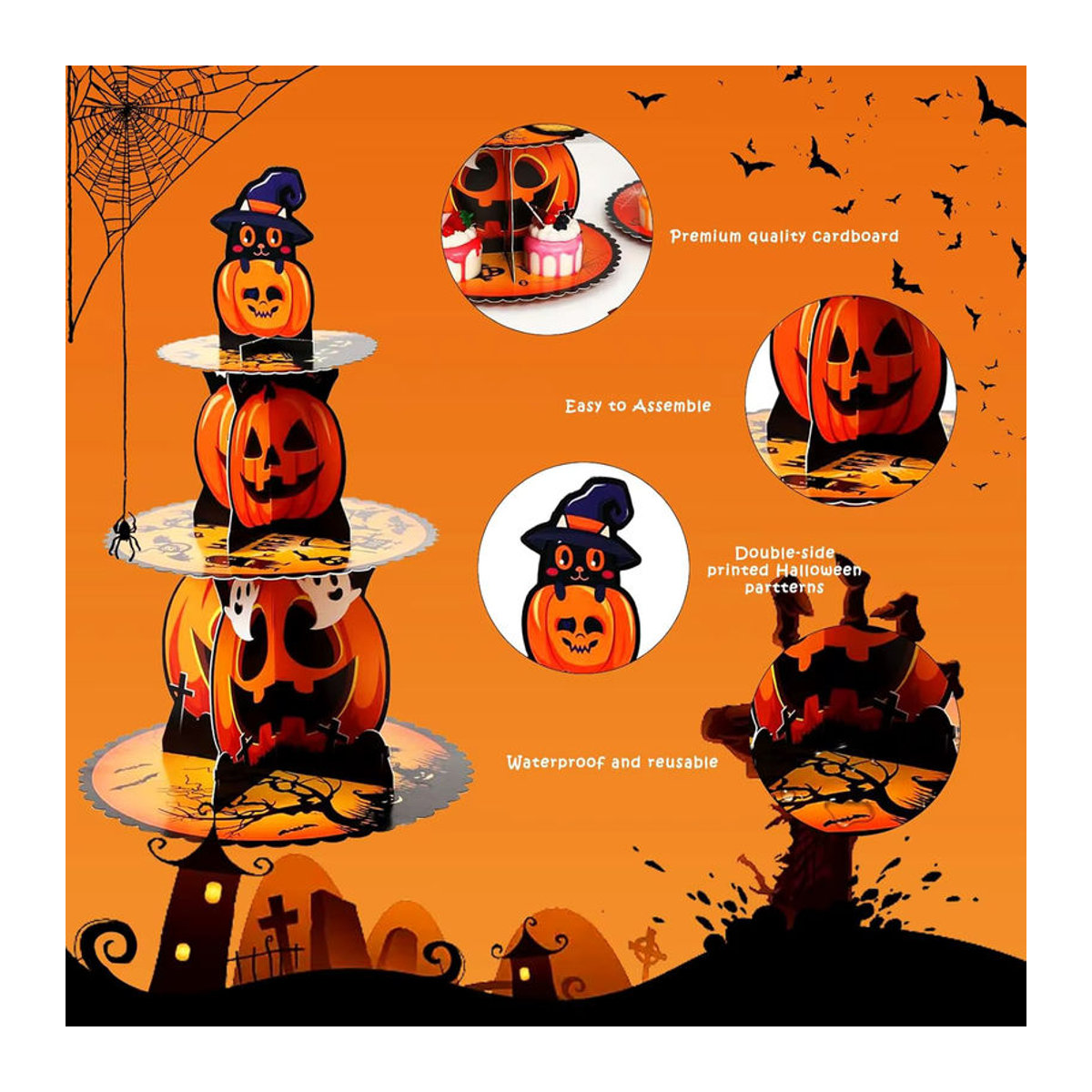 Trebalena Halloween-Kuchenständer aus Papier in Orange als runder Kürbis-Cupcake-Halter für Geburtstag und Party-Dekoration - Bild 6