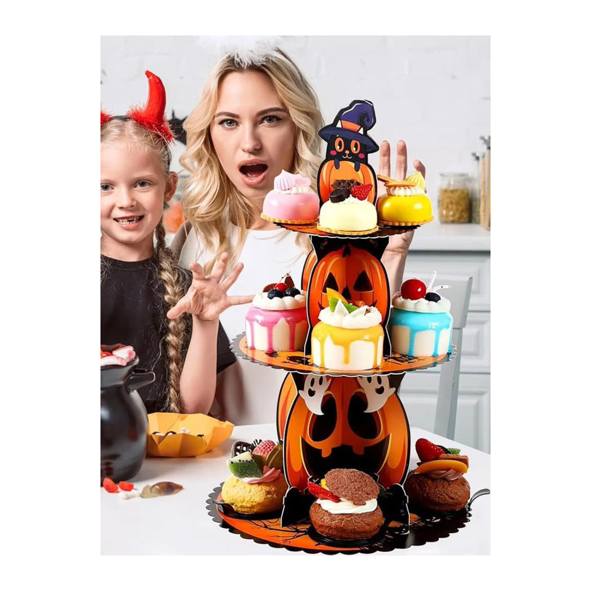 Trebalena Halloween-Kuchenständer aus Papier in Orange als runder Kürbis-Cupcake-Halter für Geburtstag und Party-Dekoration - Bild 7