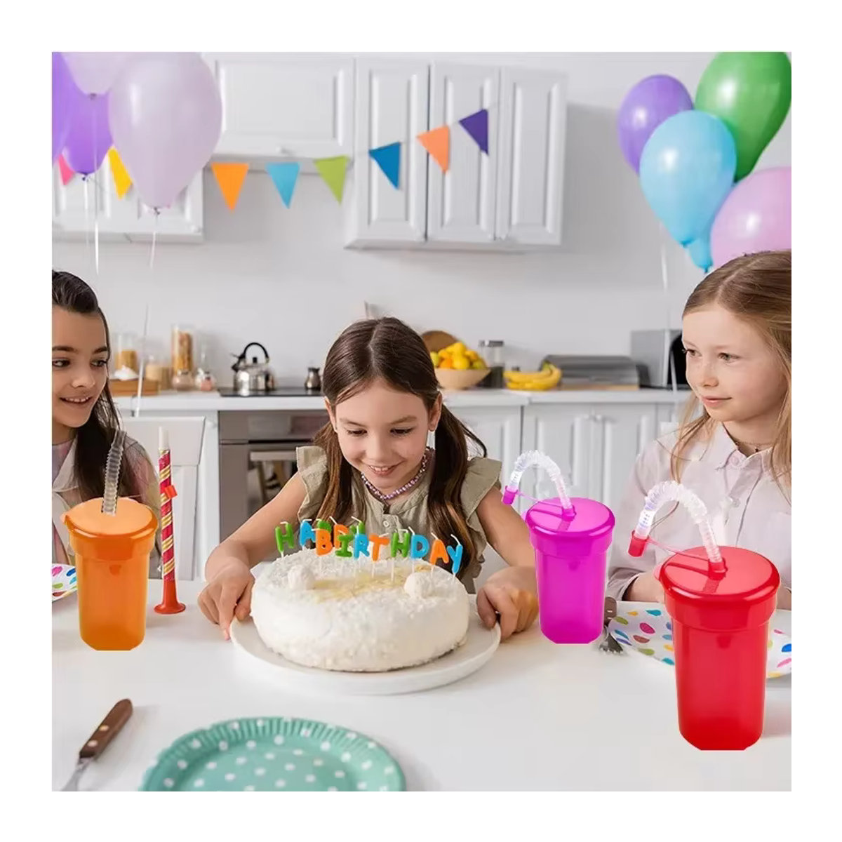 Trebalena Siphon-Strohbecher Set aus Kunststoff mit auslaufsicherem Deckel, bunt, für Kinder und Reisen - Bild 3