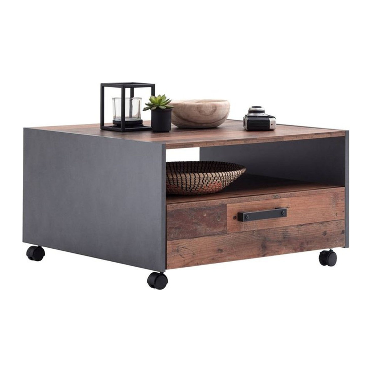 Trendteam Couchtisch Universal Old Wood in Grau und Braun, quadratisch mit Rollen und Schublade, B/T/H: 70 x 70 x 40 cm - Bild 1
