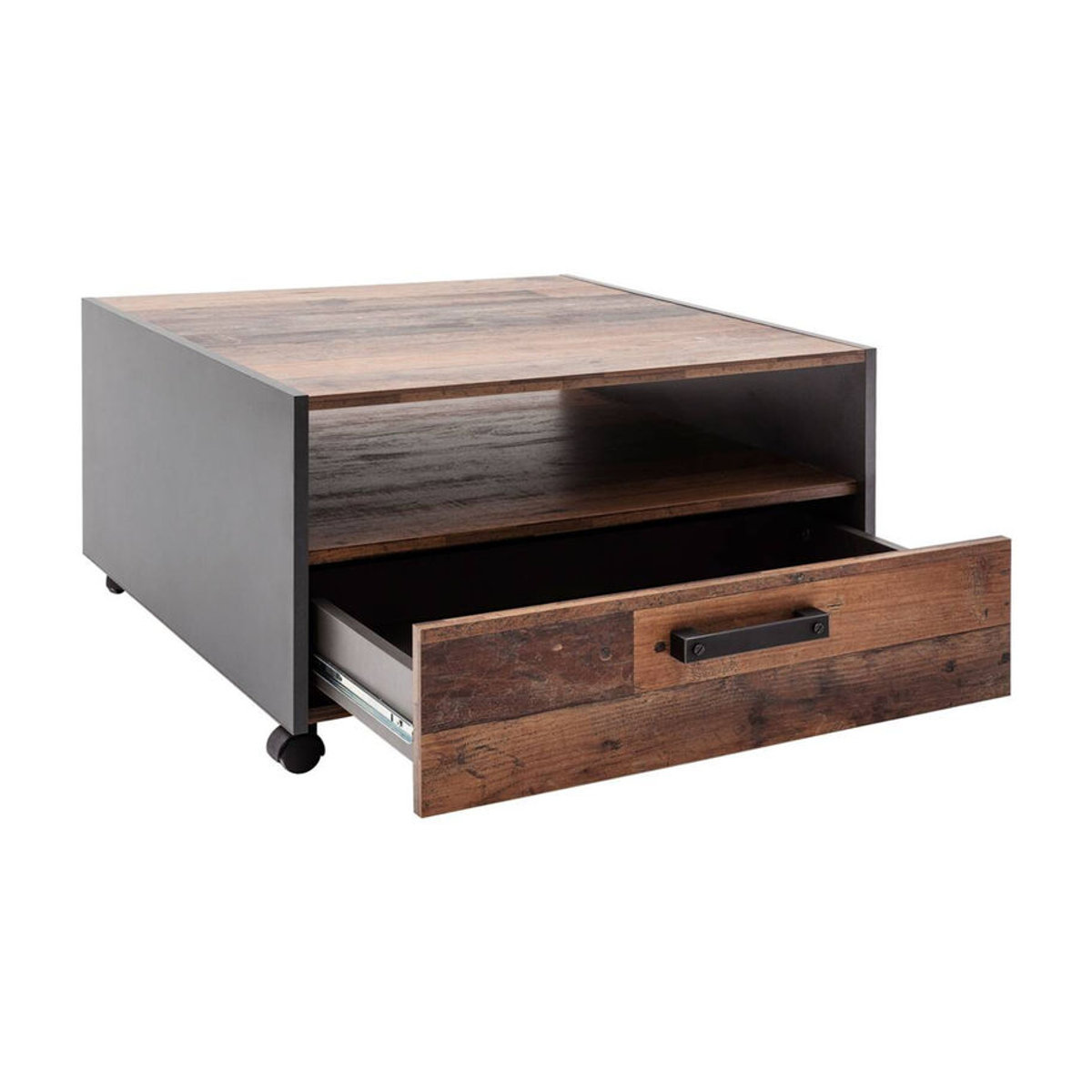 Trendteam Couchtisch Universal Old Wood in Grau und Braun, quadratisch mit Rollen und Schublade, B/T/H: 70 x 70 x 40 cm - Bild 3