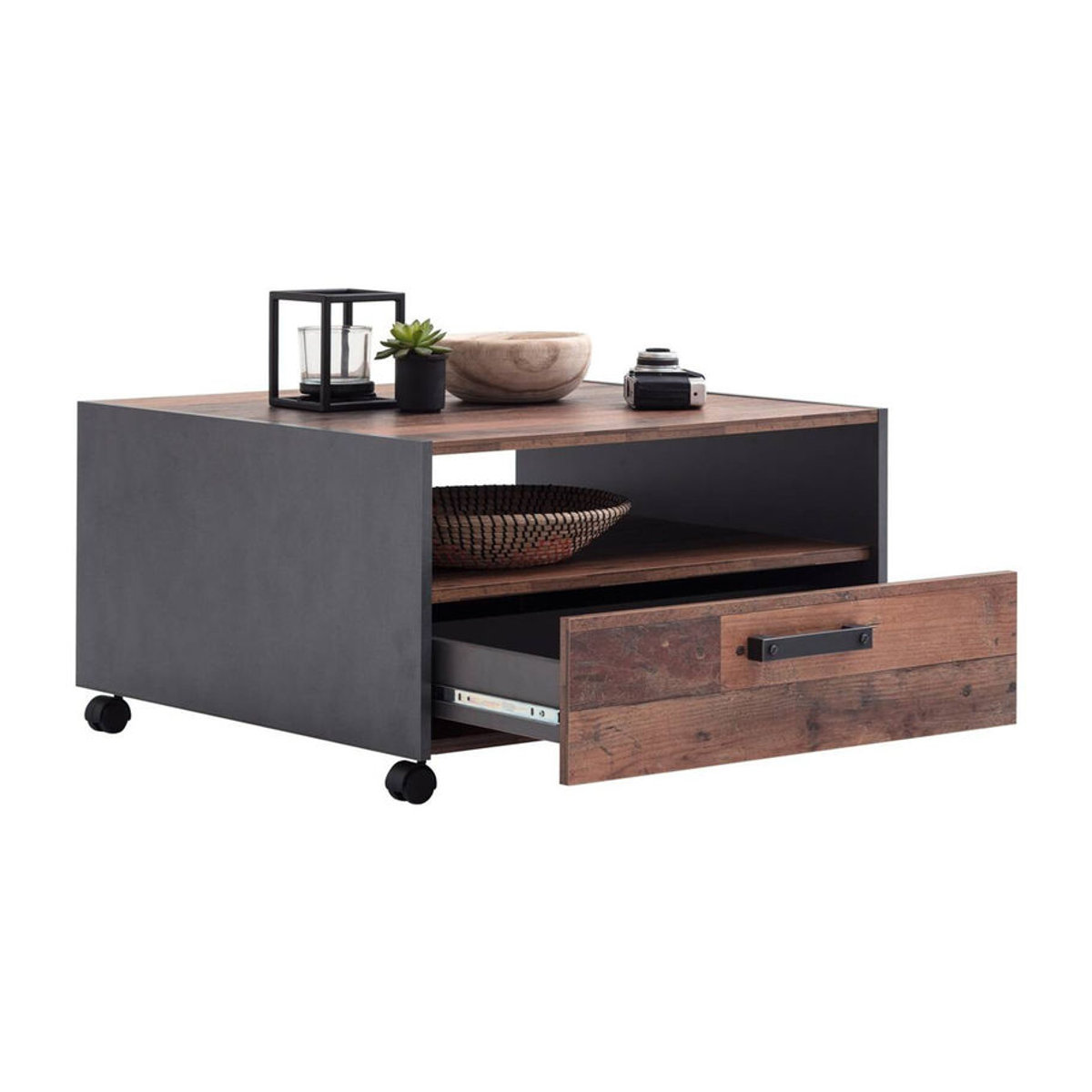 Trendteam Couchtisch Universal Old Wood in Grau und Braun, quadratisch mit Rollen und Schublade, B/T/H: 70 x 70 x 40 cm - Bild 4