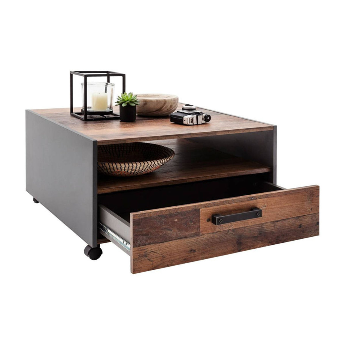 Trendteam Couchtisch Universal Old Wood in Grau und Braun, quadratisch mit Rollen und Schublade, B/T/H: 70 x 70 x 40 cm - Bild 5