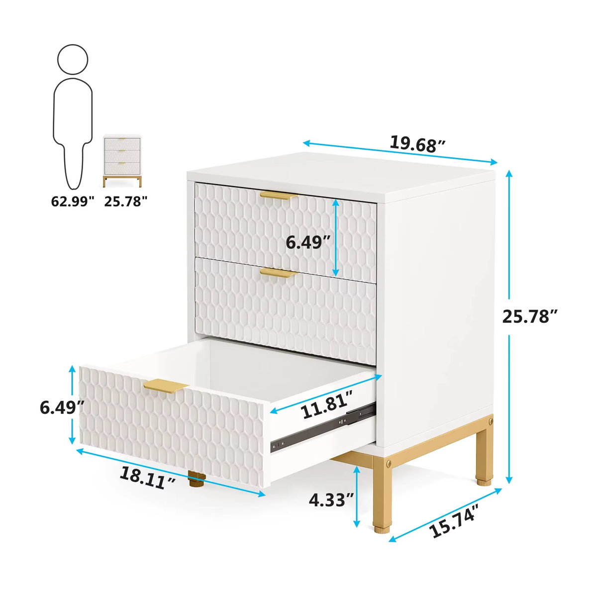 Tribesigns Moderner Nachttisch in Weiß mit 3 Schubladen und geometrischem Design, Höhe: 65,53 cm - Bild 3