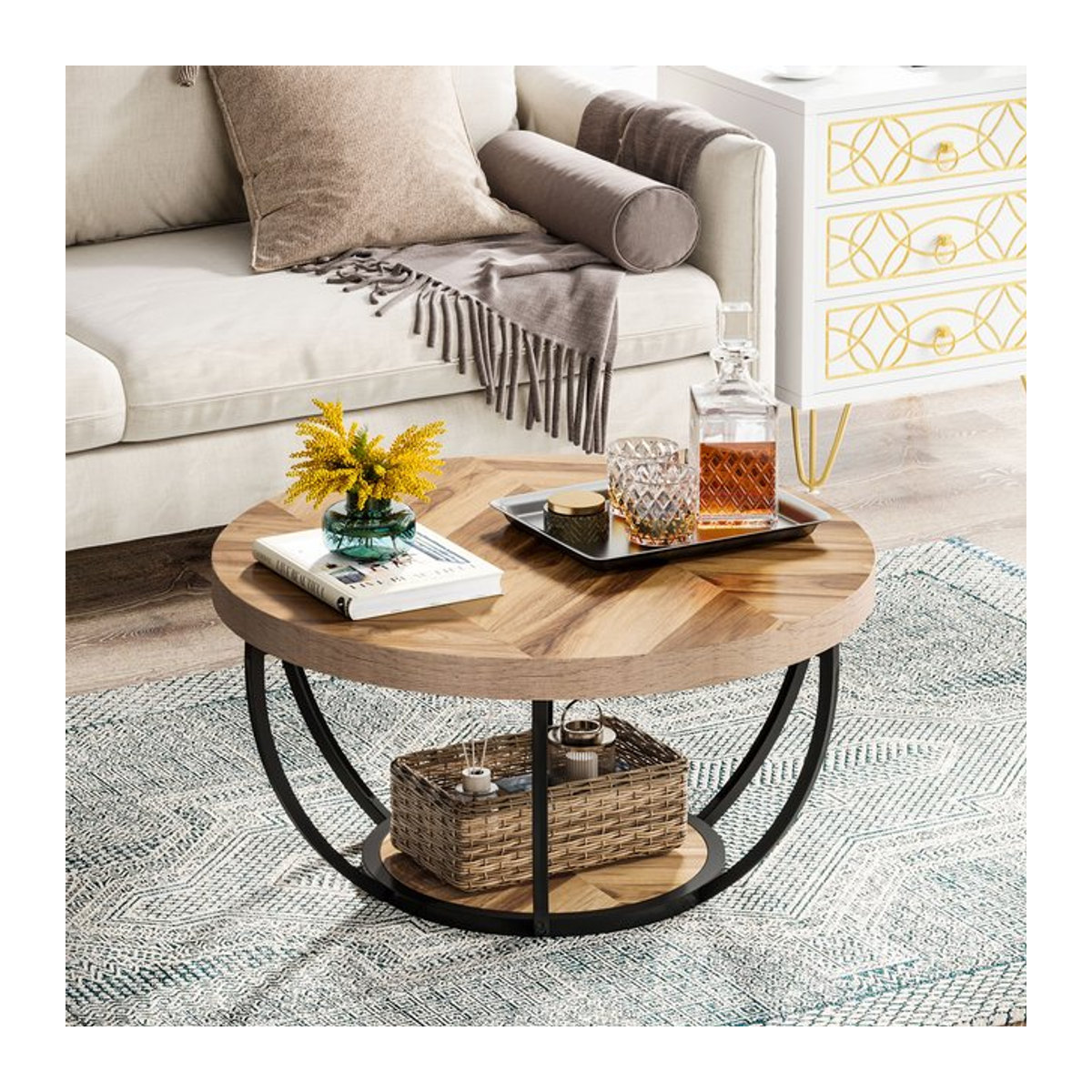 Tribesigns runder Couchtisch im Industrial Design mit 2 Ablageflächen aus Holz und Metall in Nussbaum Braun, Durchmesser: 80,5 cm - Bild 1