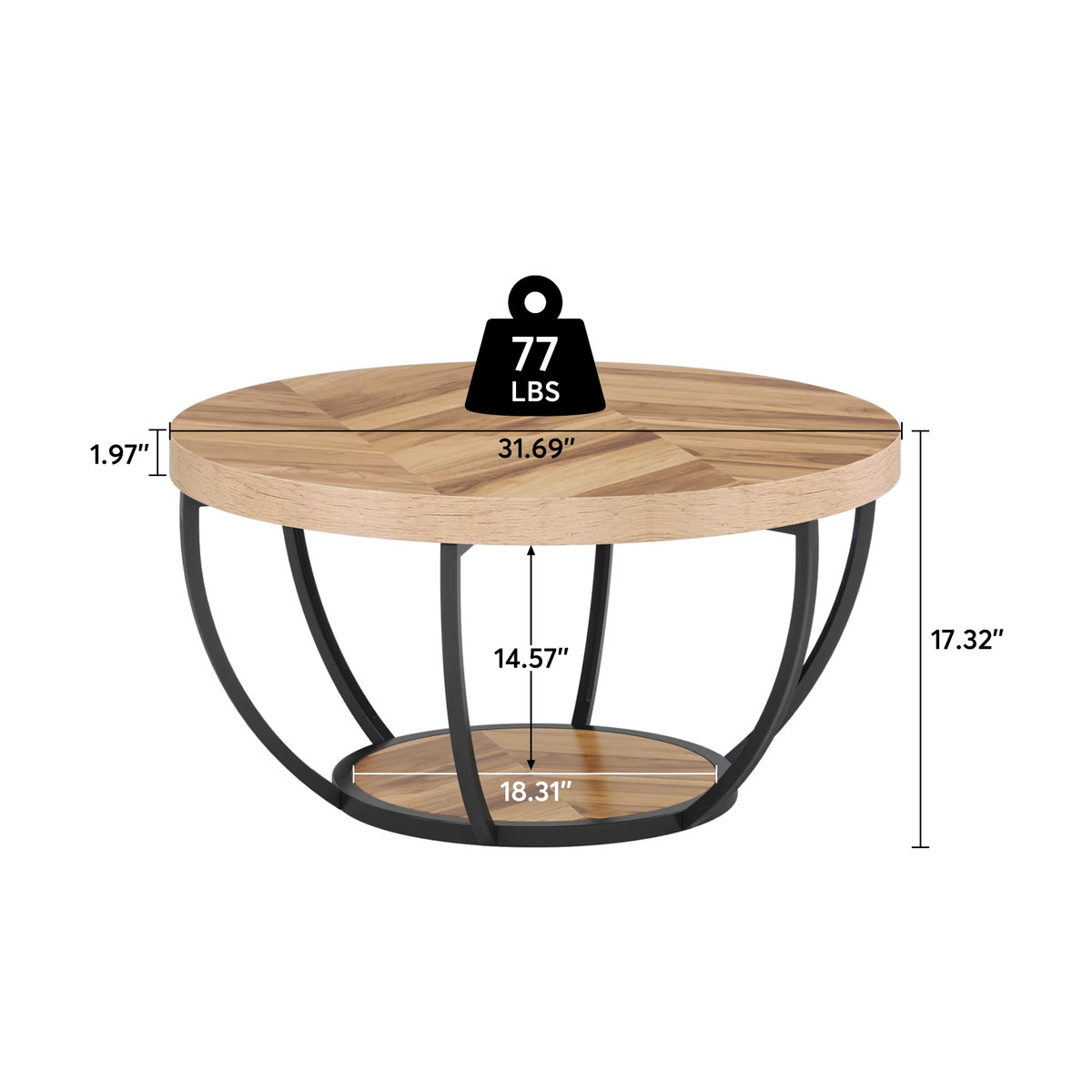 Tribesigns runder Couchtisch im Industrial Design mit 2 Ablageflächen aus Holz und Metall in Nussbaum Braun, Durchmesser: 80,5 cm - Bild 2
