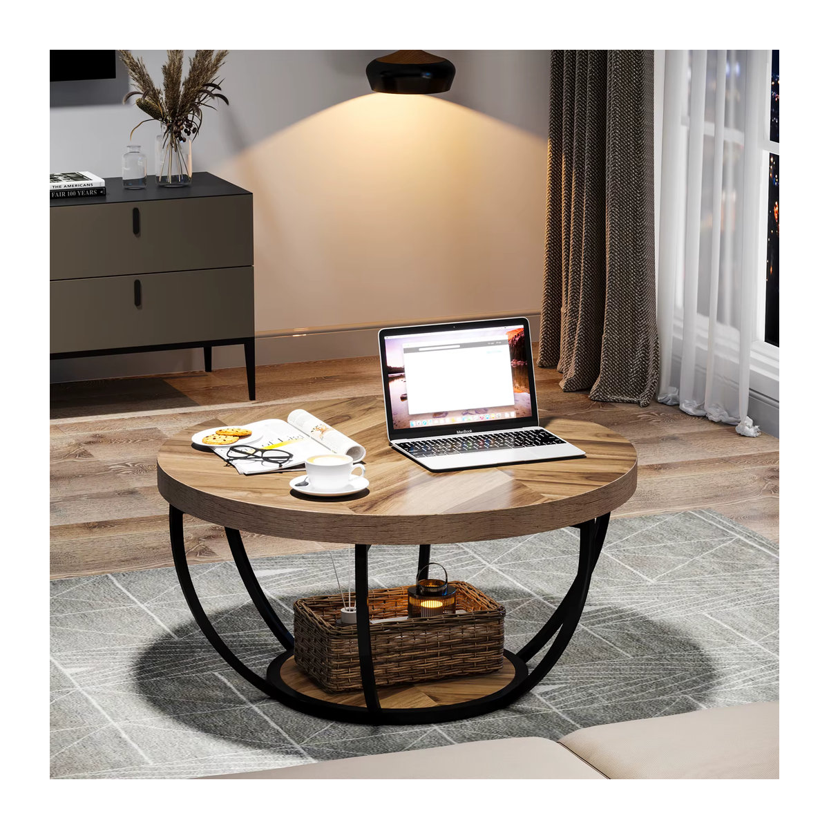 Tribesigns runder Couchtisch im Industrial Design mit 2 Ablageflächen aus Holz und Metall in Nussbaum Braun, Durchmesser: 80,5 cm - Bild 3